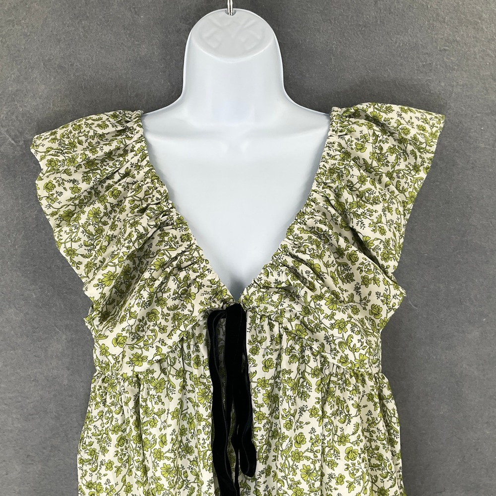 Green Dainty Floral Ruffle V Neck Mini Dress Black Tie Babydoll Cottagecore Boho - Picture 3 of 8